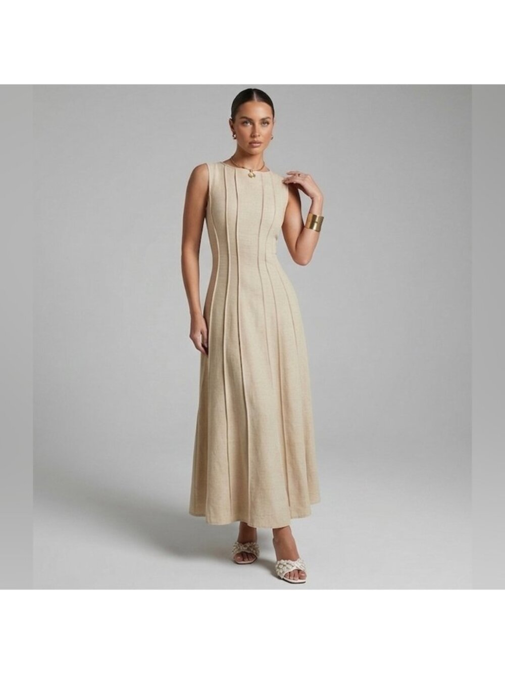 Split Pleated Waist A-Line Dress Beige